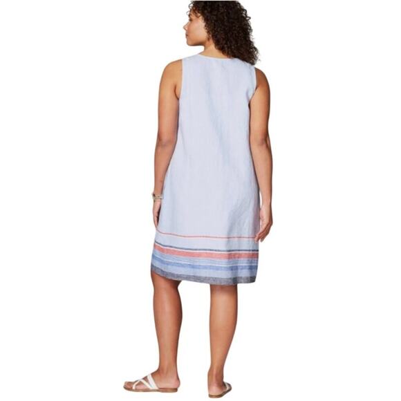 J. Jill Love Linen A-Line Dress Size L Powder Blue Coastal V-Neck Striped Hem - Picture 2 of 10